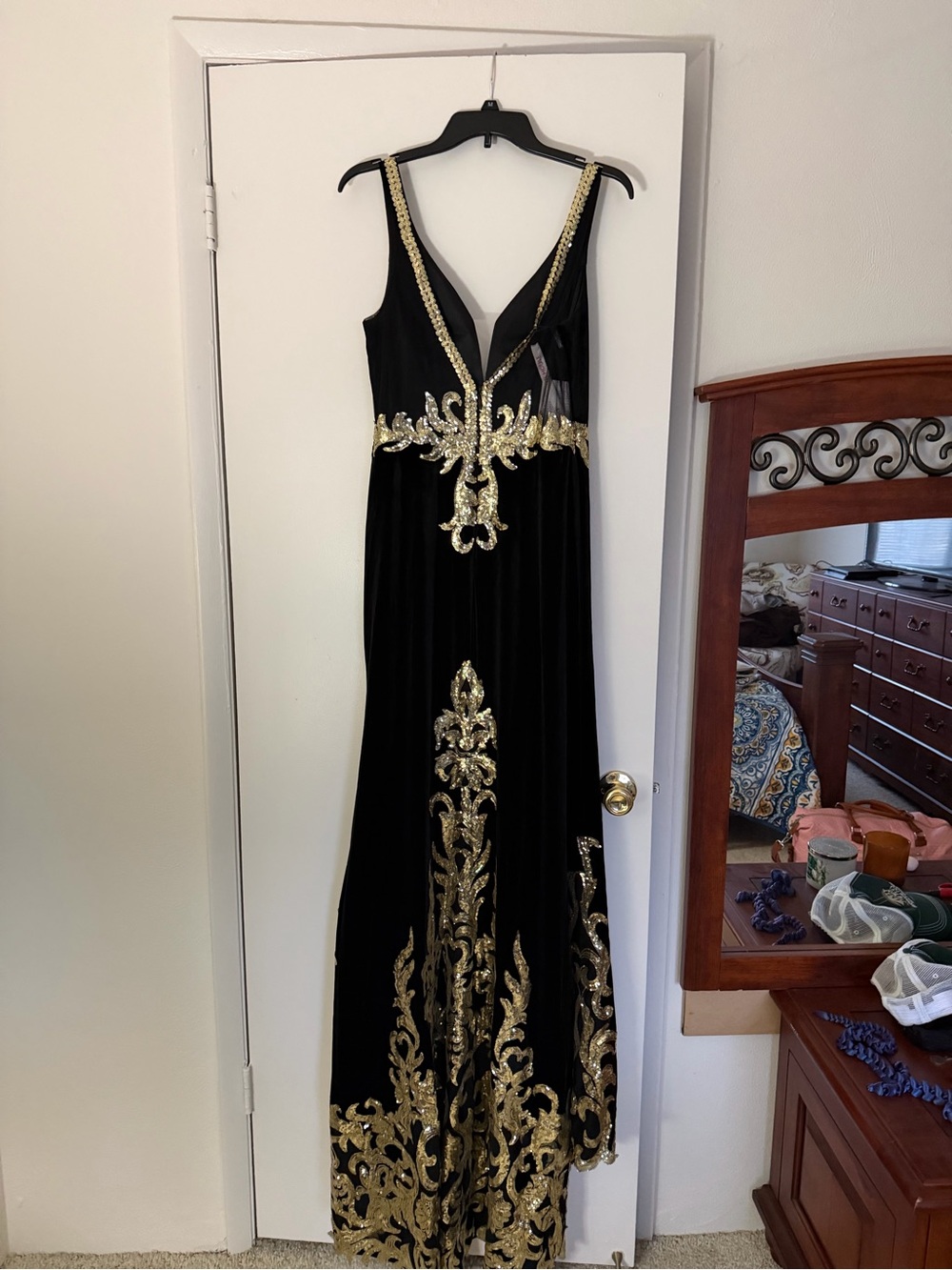 JJs House Black Velvet Evening Gown with Gold Embellishments - Picture 5 of 6